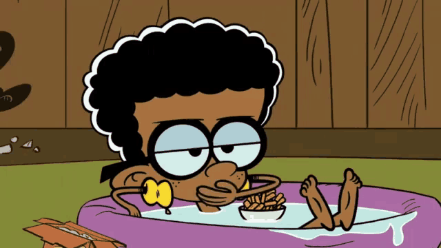 a cartoon character is laying in a bathtub eating french fries