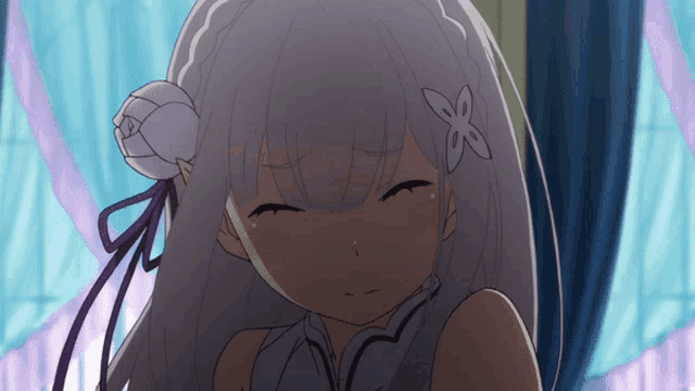 a girl with white hair has a flower on her ear