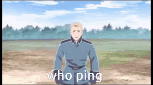 a man in a military uniform is standing in a field with the words who ping behind him
