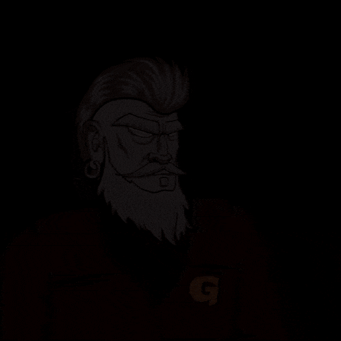 a cartoon drawing of a man with a beard and a g on his chest