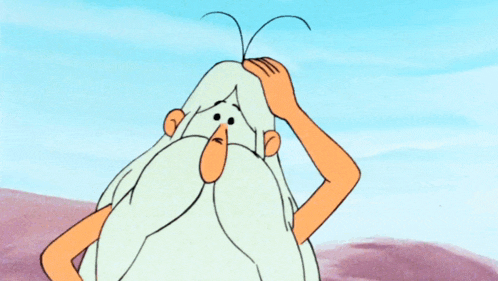 a cartoon drawing of a man with a long white beard scratching his head