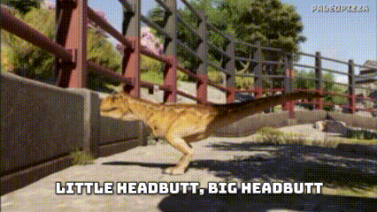 a cartoon of a dinosaur with the words little headbutt big headbutt