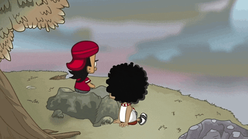 a cartoon of a boy in a red hat talking to another boy on a rock