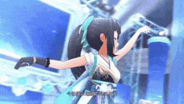 a girl in a blue and white dress is dancing in front of a blue background