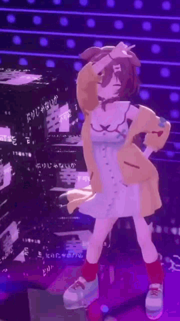 a 3d anime girl is dancing on a stage in front of a purple background
