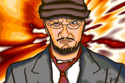 a pixel art drawing of a man with a beard wearing a hat and tie