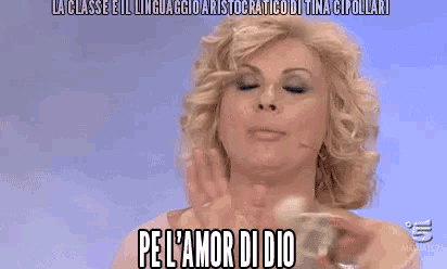 a woman with blonde hair is making a funny face with the words pel ' amor di dio above her