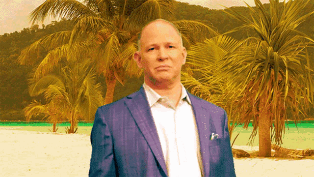 a man in a suit is standing on a beach with palm trees