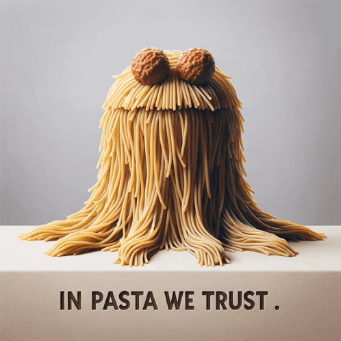 a monster made of spaghetti and meatballs with the words " in pasta we trust " below it