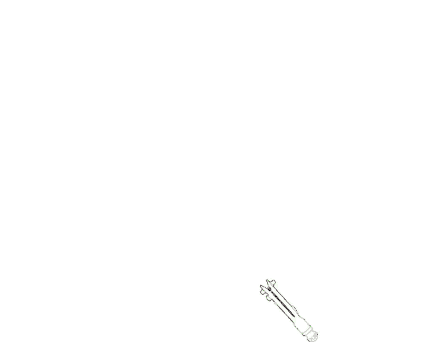 a green light saber is flying through the air on a white background .