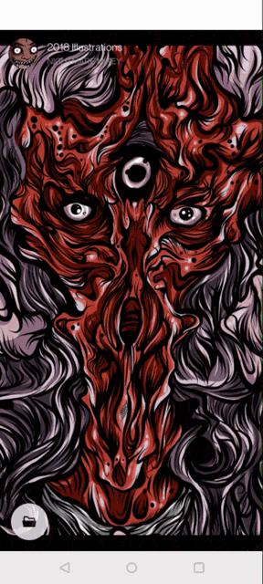 a phone screen shows a drawing of a monster with the year 2018 on the bottom right