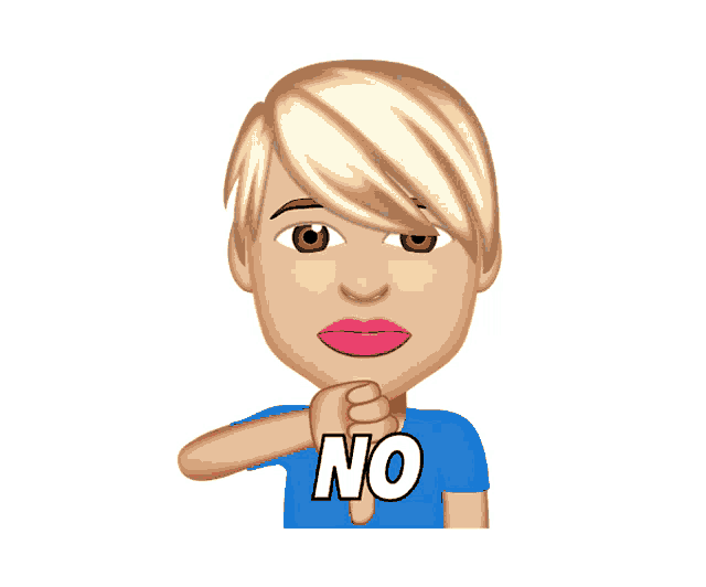 a cartoon woman wearing a blue shirt that says no