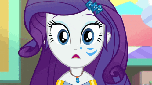 a little girl with purple hair and a blue bow on her head