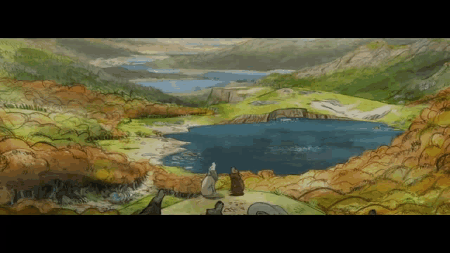 a painting of a landscape with a lake and mountains