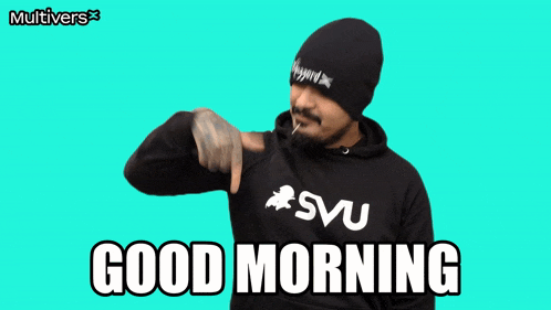 a man wearing a hoodie that says svu says good morning