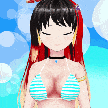 a girl in a bikini with her eyes closed has a choker around her neck
