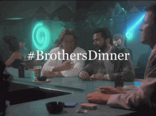 a group of men are sitting at a bar with the words #brothersdinner written above them