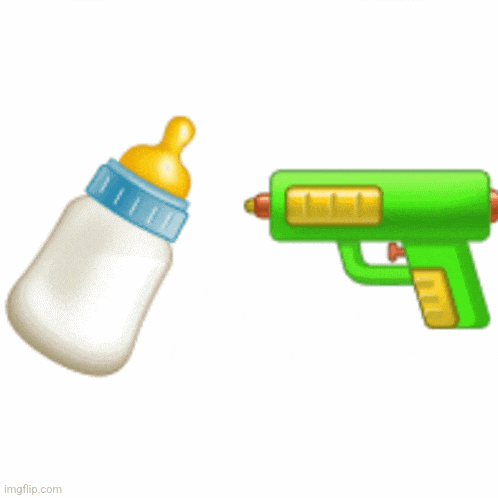 a baby bottle next to a green water gun on a white background .