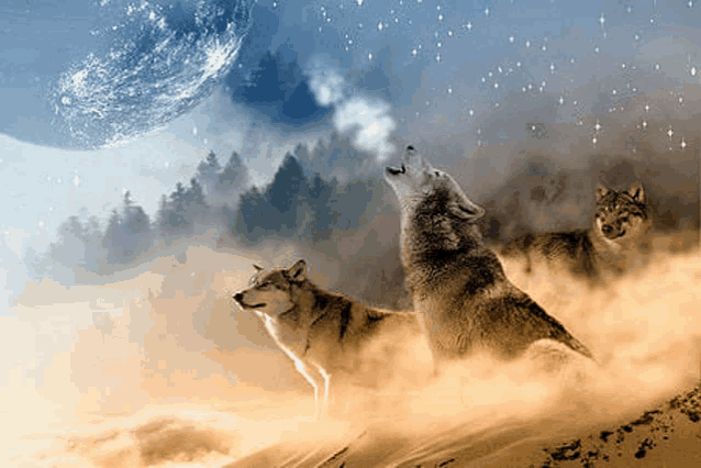 a group of wolves howling at the moon in the desert