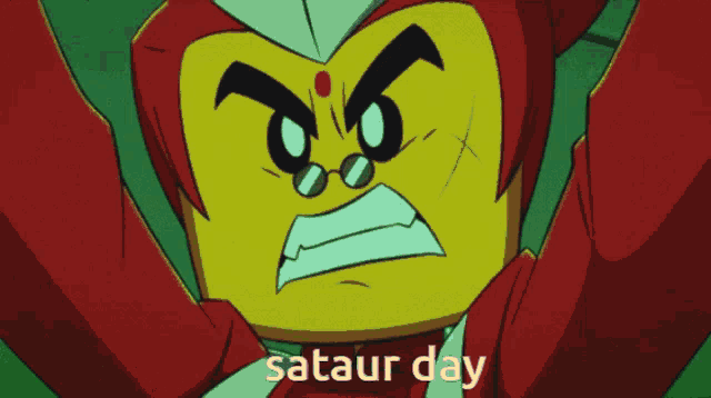 a cartoon drawing of a green and yellow object with saturday day written on the bottom