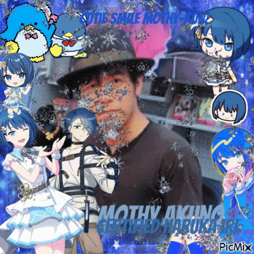 a picture of a man surrounded by anime characters and the words mothy akino certified haruka