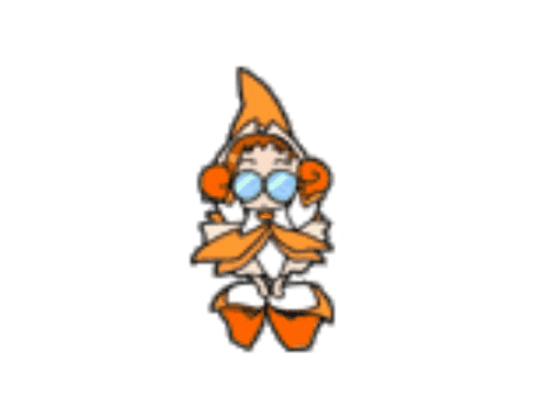 a cartoon character wearing an orange dress and a hat