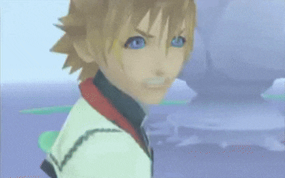a close up of a video game character with blonde hair and a red tie .