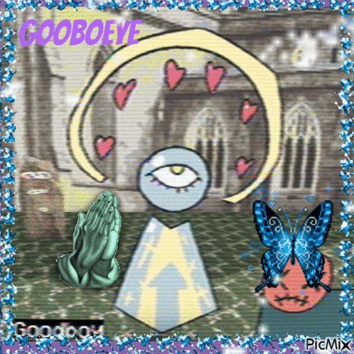 a picture of a statue with hearts and the words goodbye on the bottom