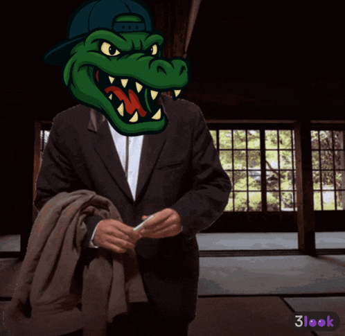 a cartoon of a man with a crocodile head holding a piece of paper