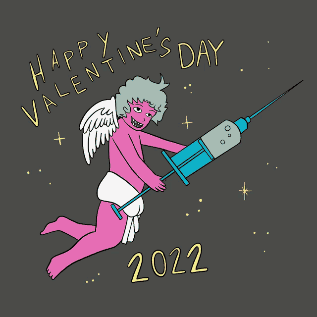 a valentine 's day greeting card with a cupid holding a syringe and the year 2022