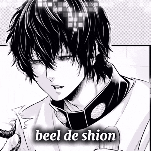 a black and white drawing of a man with the words " beel de shion " on the bottom