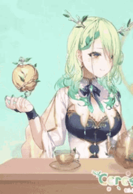 a girl with green hair and antlers is sitting at a table with a cup of tea and an apple .