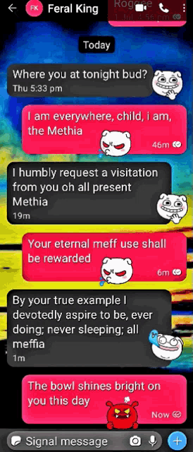 a text message between feral king and rog