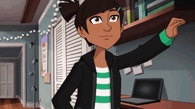 a cartoon girl is standing in front of a shelf with books