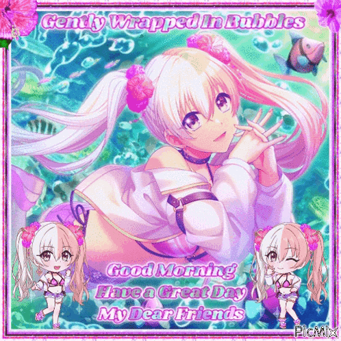 a picture of a girl with pigtails and the words " gently wrapped in bubbles " on it