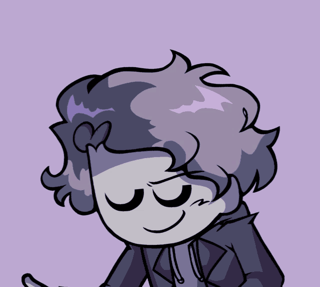 a cartoon drawing of a person with purple hair and a purple background