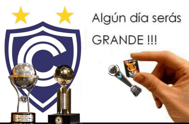 a hand is holding a small trophy in front of a shield that says c