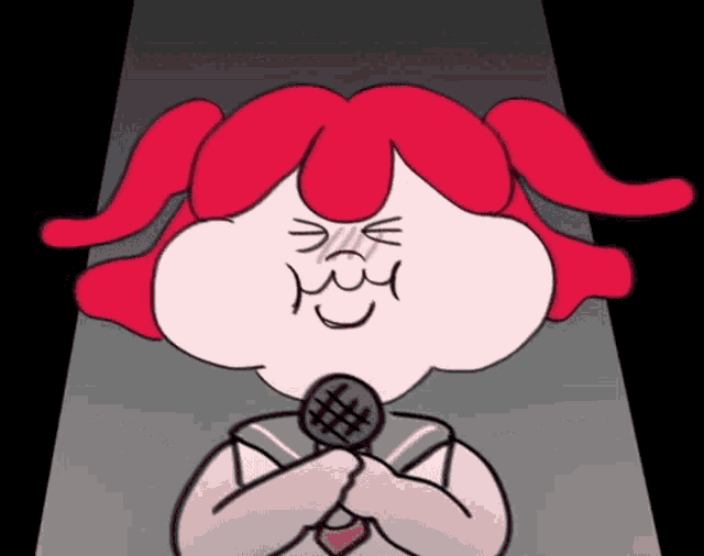 a cartoon girl with red hair is holding a microphone with her hands folded