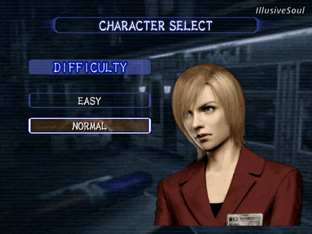 a woman in a red jacket is standing in front of a screen that says character select