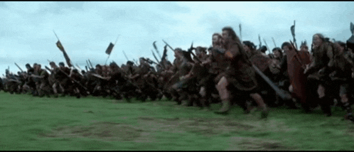a large group of soldiers are standing in a field holding spears and shields .