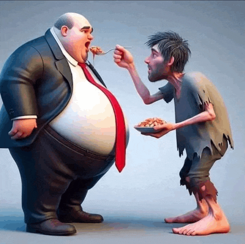 a cartoon of a fat man feeding a hungry man