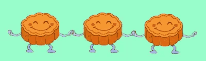 three cartoon mooncakes with arms and legs are waving and smiling on a green background