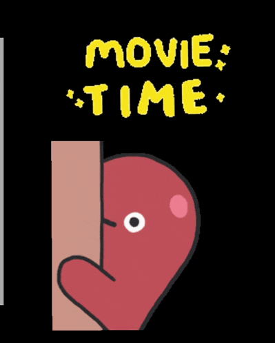 a cartoon character is peeking out from behind a wall with the words " movie time " above it