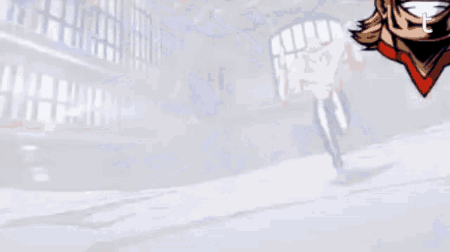 a man without a shirt is running in a room with a cartoon character behind him .