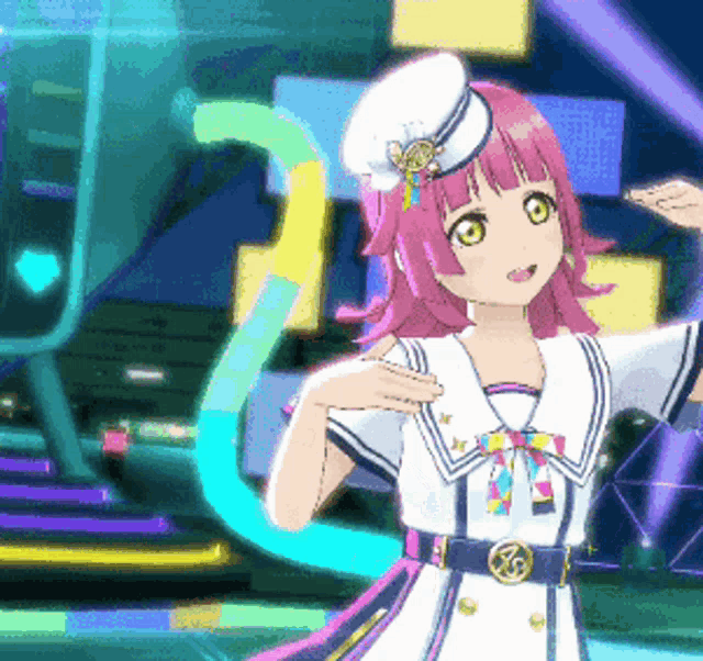 a girl with pink hair is wearing a sailor outfit and a white hat