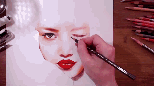 a person is drawing a woman 's face with a black prismacolor pencil