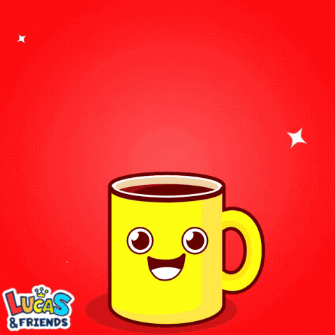 a lucas & friends advertisement with a yellow cup of coffee