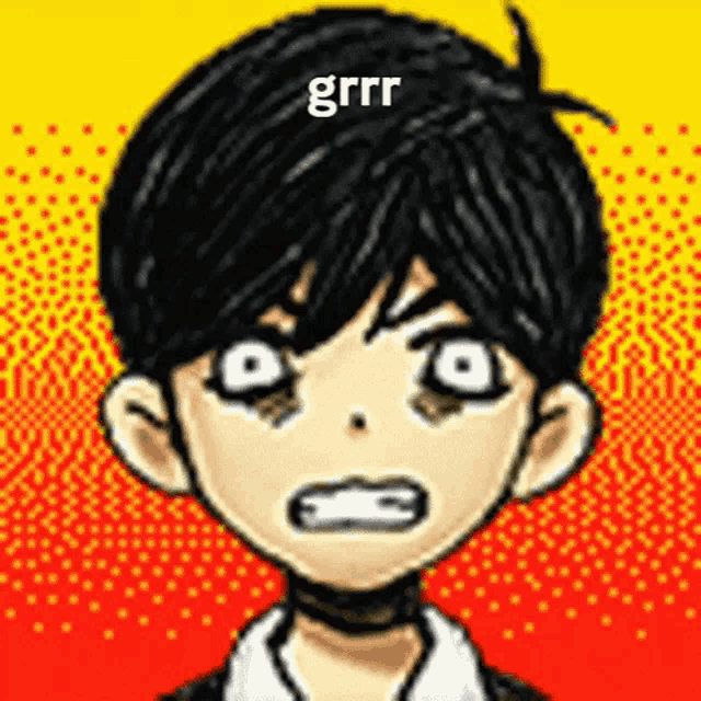 a close up of a cartoon character 's face with a yellow background and the word grrr on it .