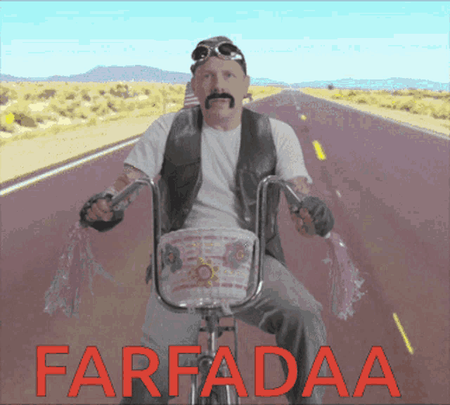 a man with a mustache is riding a bike with the word farfadaa in red