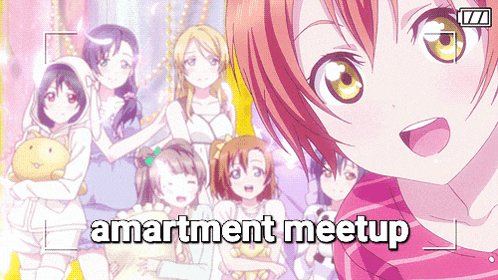 a group of anime girls standing next to each other with the words amartment meetup written below them